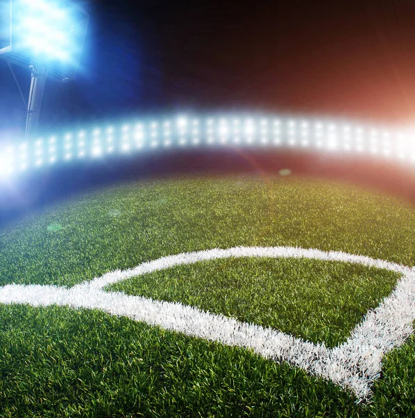 Campo Futebol Canto Luzes Brilhantes Com Flashes Noite — Fotografia de Stock