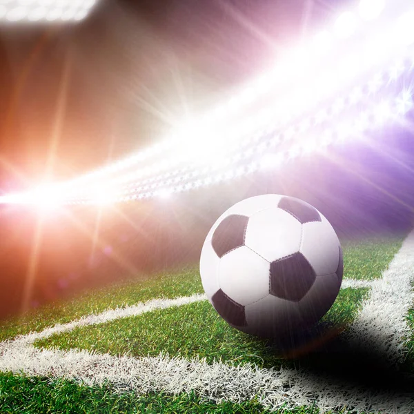 Estádio Futebol Com Bola Preta Branca Canto Campo Com Grama — Fotografia de Stock