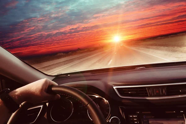 View Car Dashboard Highway Sunset — Stock Photo, Image