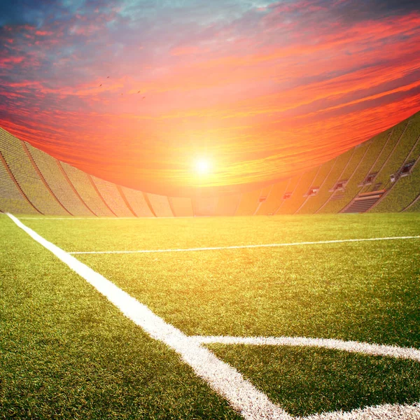 Corner Field Football Stadium Green Grass Sky Bright Sunset — Stock Photo, Image