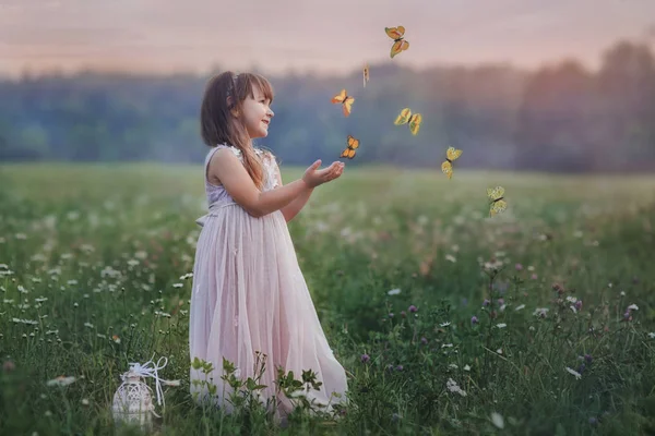 Little girl with butterflies at the sunset — Stock Photo, Image