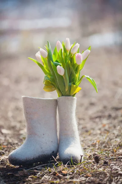 フェルト ブーツでチューリップの花を自然成分を使用 — ストック写真