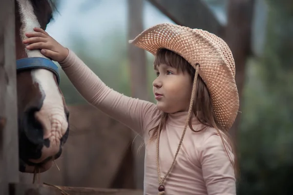 Cute girl feeding her horse in paddock — Stock Photo, Image