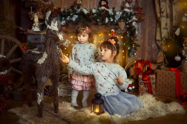 Little sisters, Noel arifesi — Stok fotoğraf