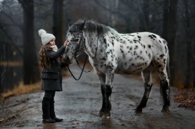 Genç kız portre Appaloosa at ve Dalmaçyalı köpekler ile 