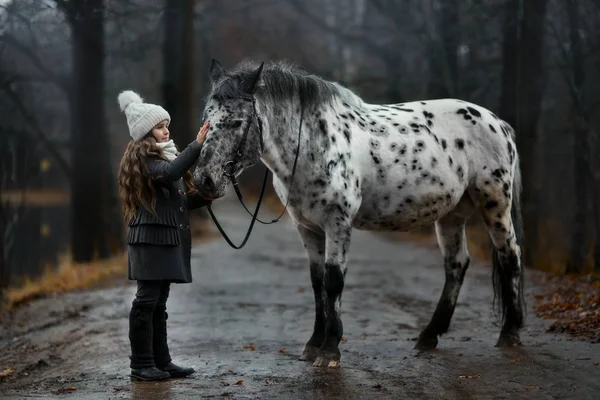 Ung flicka stående med Appaloosa häst och dalmatiska hundar — Stockfoto