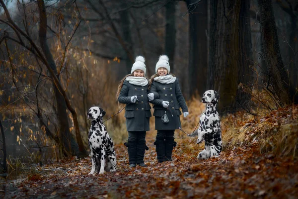 Tvillingar flickor porträtt Dalmatian hundar — Stockfoto