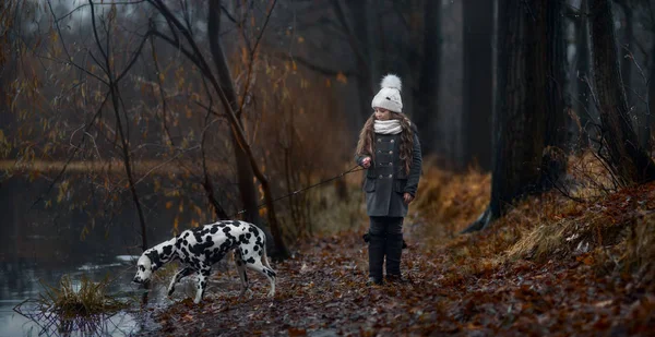 Chica joven retrato con sus perros dálmatas —  Fotos de Stock