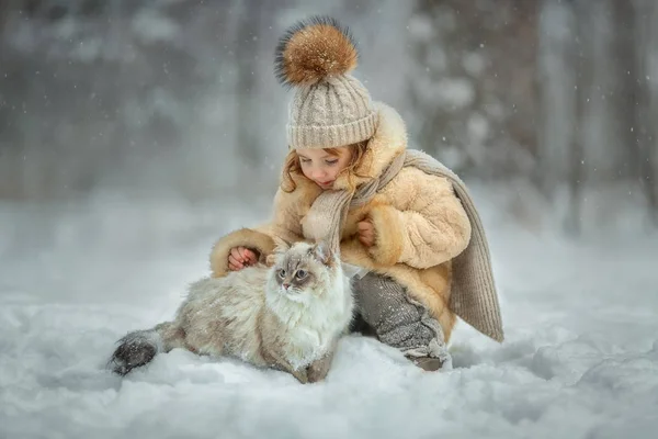 Kleine meisje portret met kat — Stockfoto