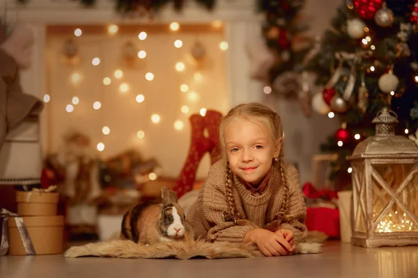 Menina Feliz Com Coelho Marrom Véspera Natal — Fotografia de Stock