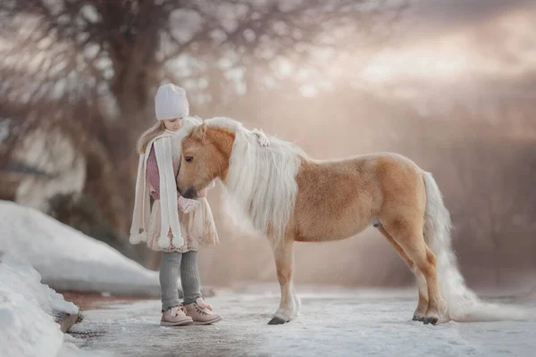 Petite Fille Avec Cheval Miniature Palomino Dans Parc Hiver — Photo