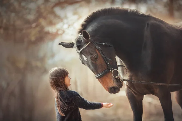 Menina Com Cavalo Dia Primavera — Fotografia de Stock