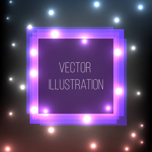 Banner transparente púrpura, azul, negro y cuadrado. Vector luminoso abstracto. Efecto de luz brillante. Plantilla marco de neón con estrellas. Espacio para texto . — Vector de stock