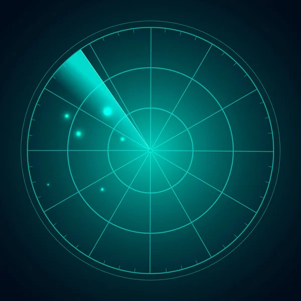 Tela de radar azul com alvos em processo, ilustração dinâmica. Projeto conceitual da tela do radar. Vetor . —  Vetores de Stock