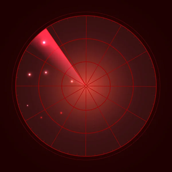 Çizimde süreç, dinamik hedefleri olan kırmızı radar ekranı. Radar ekranı kavramsal tasarımı. Vektör.