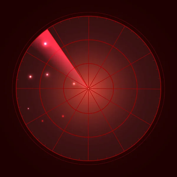 Red radar screen with targets in process ,dynamic illustration . Conceptual design of radar screen. Vector. — Stock Vector