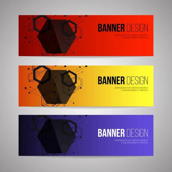Três banners de design coloridos com hexágonos e pontos. Vetor — Vetor de Stock