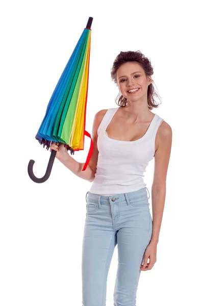 Pretty girl posing with color umbrella — Stock Photo, Image