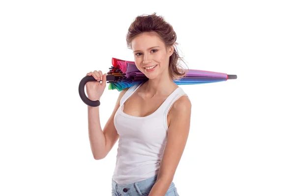 Pretty girl posing with color umbrella — Stock Photo, Image