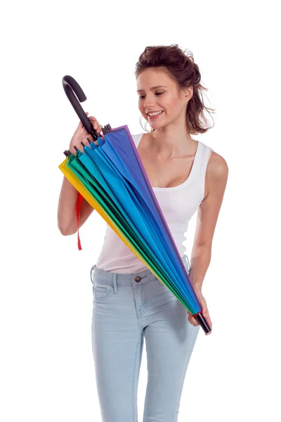 Pretty girl posing with color umbrella — Stock Photo, Image