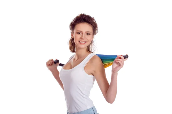 Mooi meisje poseren met kleur paraplu — Stockfoto