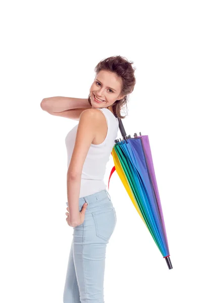 Mooi meisje poseren met kleur paraplu — Stockfoto