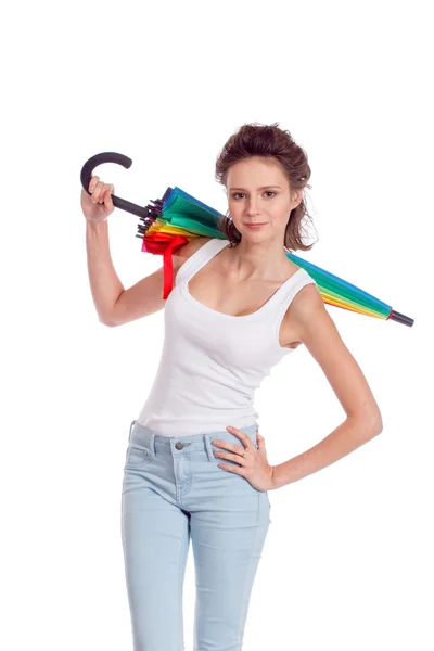 Mooi meisje poseren met kleur paraplu — Stockfoto