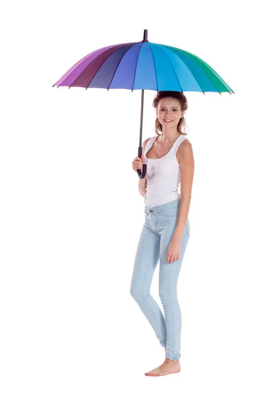 Menina bonita posando com guarda-chuva de cor no fundo branco — Fotografia de Stock