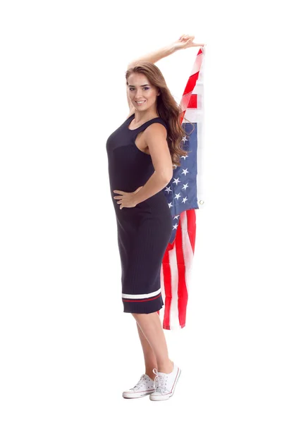 Gelukkig jonge vrouw met Usa vlag. Afbeelding geïsoleerd — Stockfoto