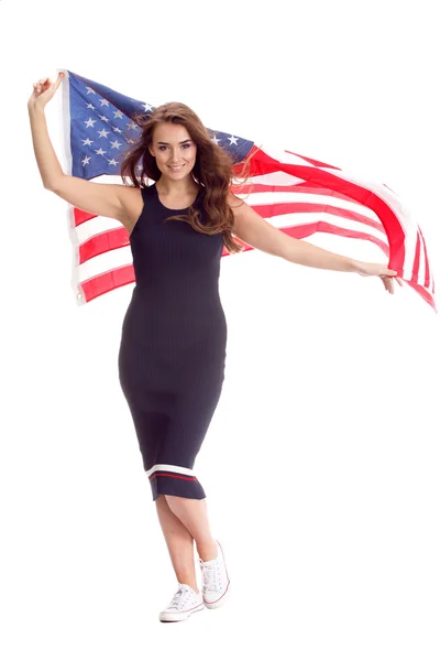 Happy young woman holding USA flag. Image isolated — Stock Photo, Image