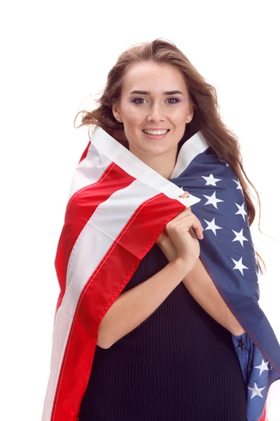 Jovencita feliz sosteniendo la bandera de EE.UU. Imagen aislada — Foto de Stock