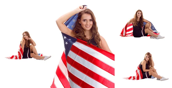 Happy young woman holding USA flag. Image isolated — Stock Photo, Image