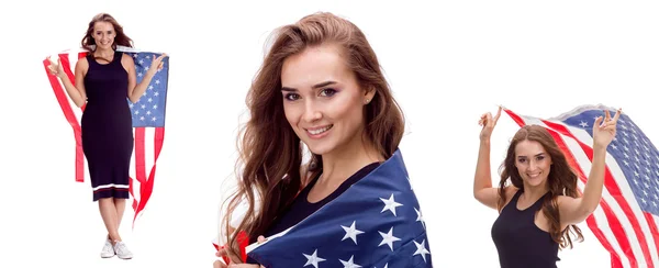 Happy young girl holding USA flag isolated on white background — Stock Photo, Image