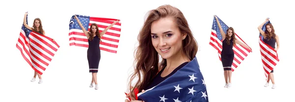 Boldog fiatal lány gazdaság Usa zászló elszigetelt fehér background — Stock Fotó