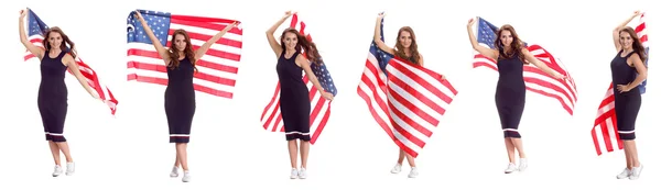 Ευτυχισμένη γυναίκα κρατώντας την σημαία των ΗΠΑ. Εικόνα που απομονώνονται — Φωτογραφία Αρχείου