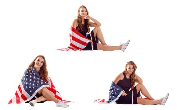 Mujer patriótica feliz sosteniendo bandera de EE.UU. . —  Fotos de Stock