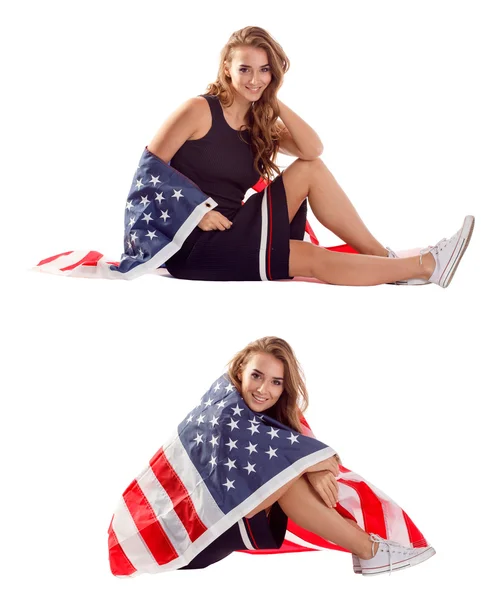 Mujer patriótica feliz sosteniendo bandera de EE.UU. . —  Fotos de Stock