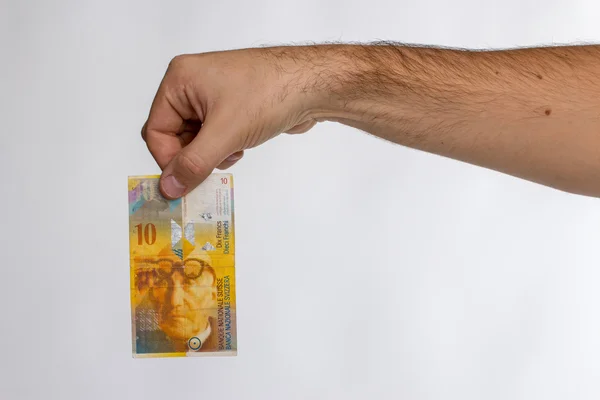 Franco suíço Notas de banco na mão — Fotografia de Stock