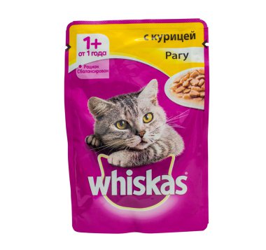 Whiskas Tavuk yahni, torbalar içinde kedi maması. 