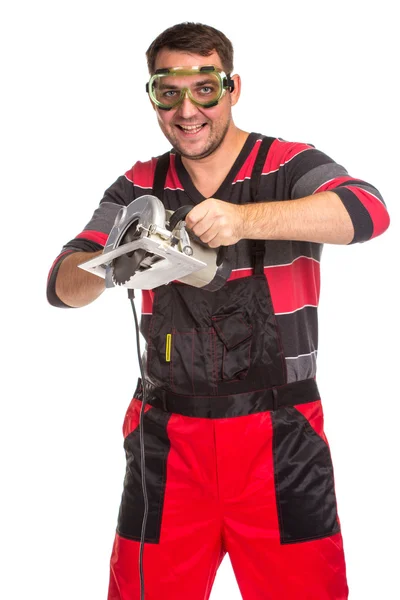 Construction Worker with circular saw — Stock Photo, Image