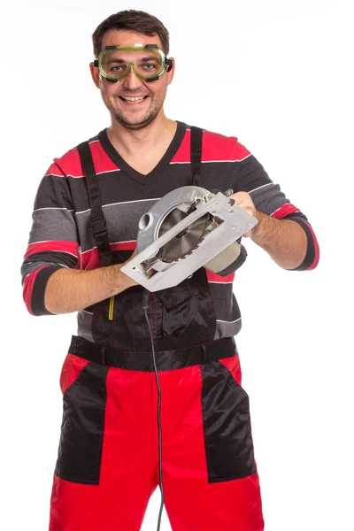 Construction Worker with circular saw — Stock Photo, Image