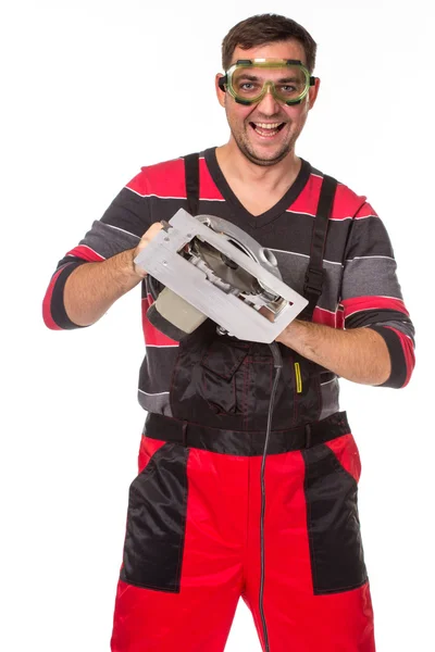 Construction Worker with circular saw — Stock Photo, Image