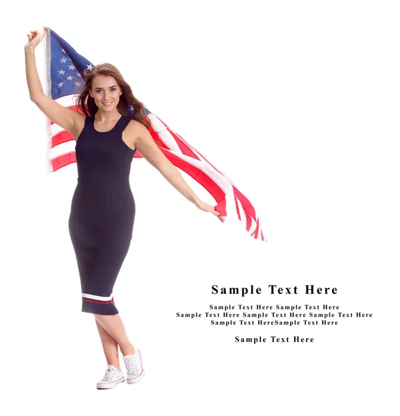 Jovencita feliz sosteniendo la bandera de EE.UU. Imagen aislada — Foto de Stock