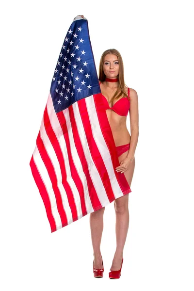 Americká vlajka v ženských rukou Stock Snímky