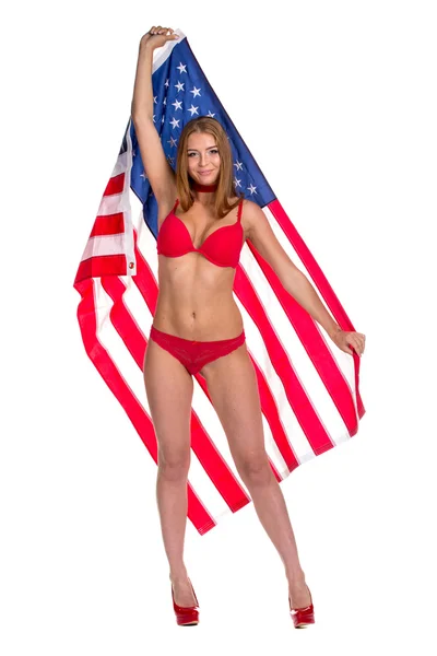 Bandeira dos EUA em mãos de mulher — Fotografia de Stock