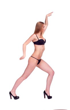 Kadın yürüyüş yan görünüm, siyah iç çamaşırı seksi kız