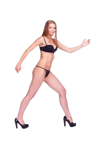 Woman Walking Side View, Sexy Girl in black Underwear, People is — Stock Photo, Image