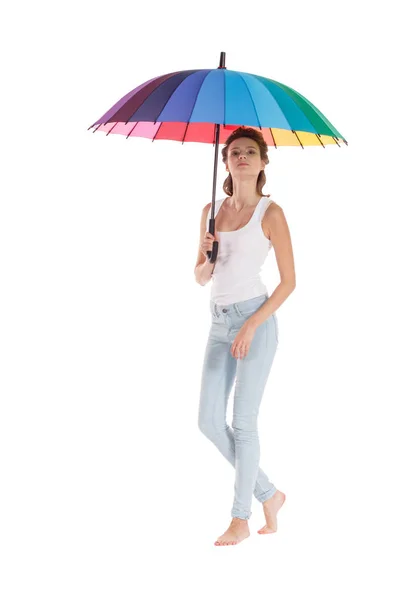 Menina beleza jogando com guarda-chuva cor multy . — Fotografia de Stock