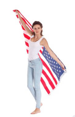 Amerika Birleşik Devletleri bayrağı güzel kadının elinde. Olduğunu