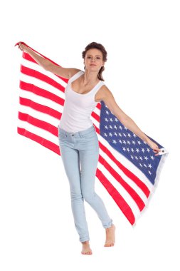 Amerika Birleşik Devletleri bayrağı güzel kadının elinde. Olduğunu